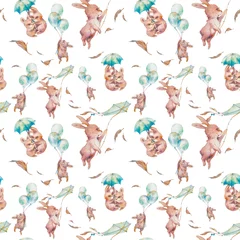 Foto op Plexiglas Dieren met ballon Aquarel cartoon textuur met grappige konijnen. Baby naadloos patroonontwerp. Bunny behang met paraplu, luchtballonnen, veren, vlieger.