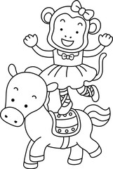 Coloring Page Circus Monkey Horse Illustration