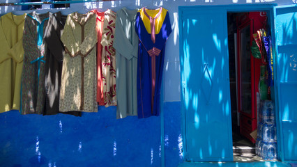 Souvenirs stall in a street of Chefchaouen, famous blue village of Morocco