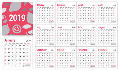 Calendar 2019. English calender template. Vector grid. Office business planning. Simple design. Lemon citrus fruit