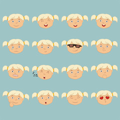 Big set ofi solated emoticons of faces of little girl with blonde hair in cartoon style.