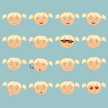 Big set ofi solated emoticons of faces of little girl with blonde hair in cartoon style.
