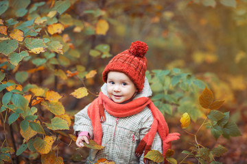 cute baby in autumn clothes. child in knitted hats and scarf