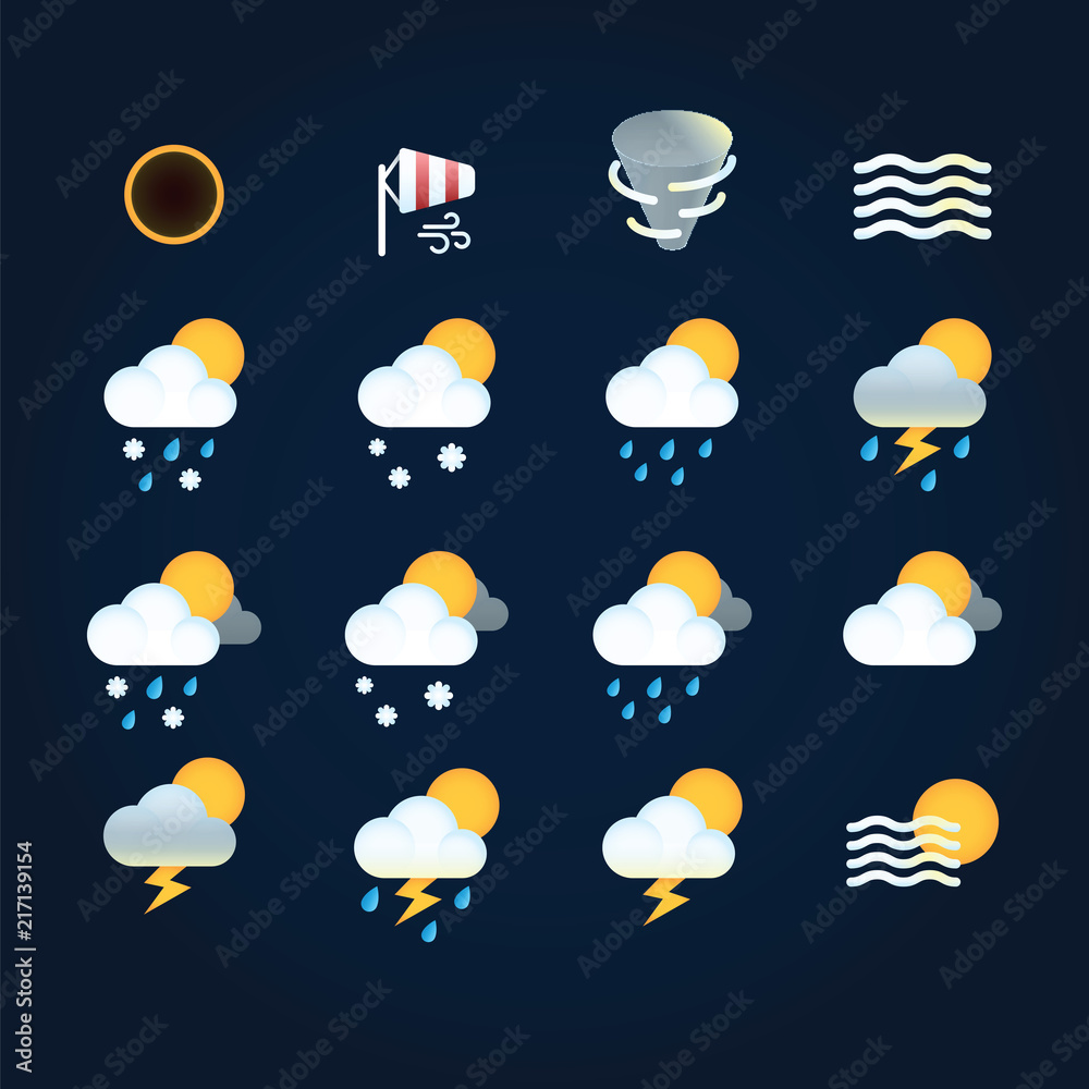 Wall mural weather icons sun and clouds in sky, rain with snow, thunder and lightning at hurricane. flat vector