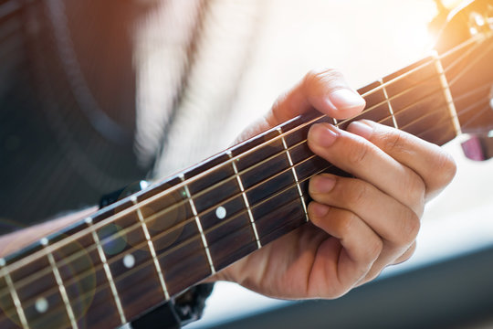 Music playing guitar concept : Hands Young woman people that guitarist play for show live in concert