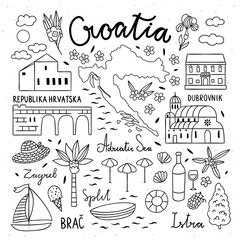 Fototapeta premium Croatia hand drawn illustrations. Travel icons of Croatia. Cute hand drawn elements with architecture, food, map, nature symbols