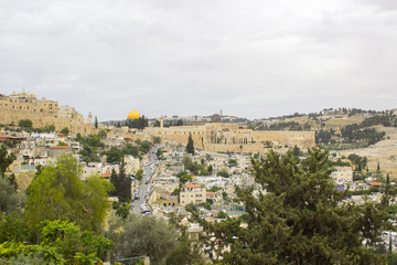 Fototapeta na wymiar A view of the city of Jerusalem with in dense housing from the rooftop of the ancient Herod's Palace where Jesus Christ was ill treated.