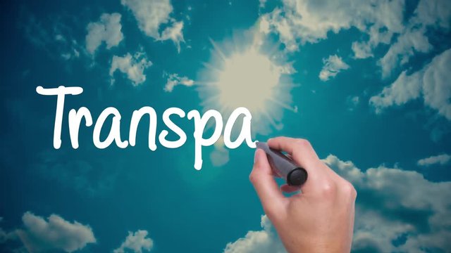 Transparency - concept with hand writing on the sky. Man writing. Blue sky with clouds time lapse.Words red circled. Business, technology, internet concept. Film look. 4k