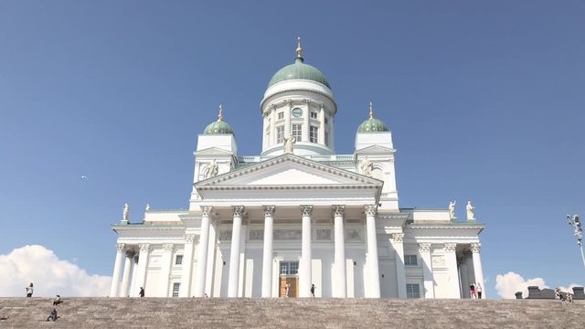 Walking By Street Lamp Outside Evangelical Lutheran Cathedral Helsinki Finland Landmark