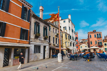 Fototapeta na wymiar Venice, Italy - May 24, 2018: Beautiful architecture of a unique Venice. Postcard with a view of the city.