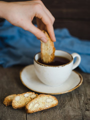 Delicious homemade cookies made from farm flour, prepared in a modern kitchen by a young housewife. Gray background.