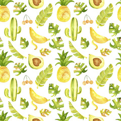 Watercolor tropic seamless pattern. Cute tropic animals pattern. Perfect for you postcard design, wallpaper, print, invitations, patterns, travel, poster, packaging etc.