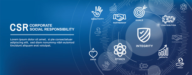 CSR-Social Responsibility Web Banner Icon Set and Web Header Banner w Honesty, integrity, collaboration, etc.