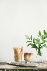 Iced coffee in tall glasses with milk on board, white wall and green plant branches at background, copy space. Summer refreshing beverage ice coffee drink concept