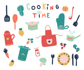 Hand drawn of cute kitchen tools and ready fpr cooking time on white background.