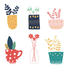 Hand draw illustration Set of different vases and jugs with flowers.Cute plants, flowers in different colorful pots.