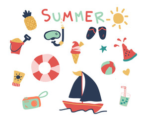 Hand drawn of cute summer elements. Vector illustration on white background.