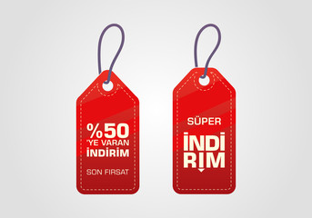 Indirim etiketleri yazilari. Translation from turkish: Sale offer badges. Red promo seals/stickers. Isolated vector illustration