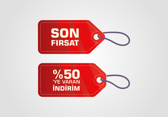 Indirim etiketleri yazilari. Translation from turkish: Sale offer badges. Red promo seals/stickers. Isolated vector illustration