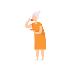 Senior woman drinking tea, grandma with cup of tea vector Illustration on a white background