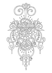 Abstract black and white floral ornament. Can be used for tattooing, drawing henna, design, printing on fabric. Coloring page for children and adults.
