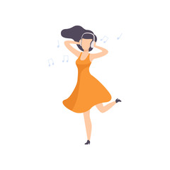 Beautiful brunette young woman in orange dress listening music and dancing, girl enjoying music with headphones vector Illustration on a white background