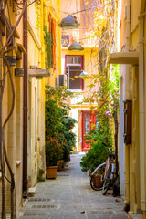 Narrow street in the old town of Chania, Crete, Greece 