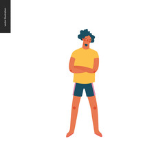 Bright people portraits - young man, hand drawn flat style vector doodle design illustration of a serious young sunburnt man standing with his arms crossed, concept illustration