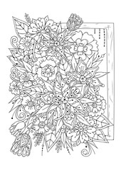 Coloring book for adult and older children. Black and white abstract floral pattern. Vector illustration. Design for meditation. The image can be used in design and printing on fabric