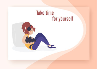Time to yourself. Girl resting and listening music. Flat style.