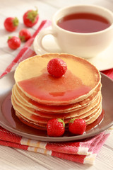 Homemade pancakes with strawberry, selective focus