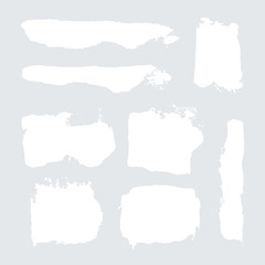 Vector white grunge watercolor, ink texture set of hand painted dry brush splashes, strokes, stains, spots, blots, stripes, lines. Abstract collection of acrylic, drawing backgrounds isolated on gray