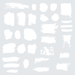 Vector white grunge watercolor, ink texture set of hand painted dry brush splashes, strokes, stains, spots, blots, stripes, lines. Abstract collection of acrylic, drawing backgrounds isolated on gray