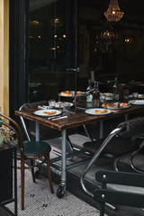 tasty meal on rustic table at modern restaurant
