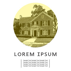 Illustration of Typical Suburb House in Vintage Style. Vector graphic drawing of traditional American residential building in suburban neighborhood or small town.