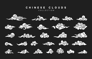 Collection of gray clouds, isolated in Chinese style.