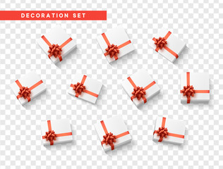 Set gift box white, with red ribbon and bow. Realistic isolated different gift boxes. Flat lay, top view