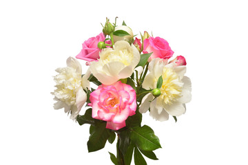 Obraz na płótnie Canvas Beautiful bouquet flowers of roses and peonies isolated on a white background. Flat lay, top view. Love. Valentine's Day