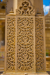 A beautiful closeup carvings of an exterior of hindu temple. Detailed look.