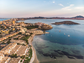 La Manga del Mar Menor sand-bank, apartments and buildings, Murcia, Spain 2018 from drone