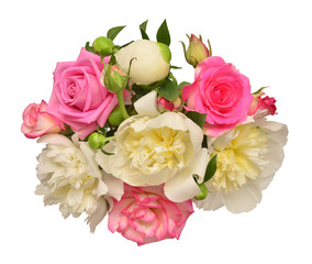 Beautiful bouquet flowers of roses and peonies isolated on a white background. Flat lay, top view. Love. Valentine's Day
