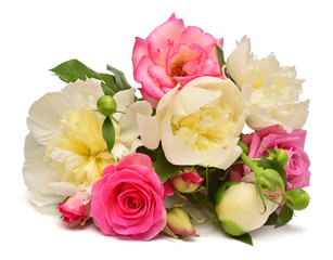 Beautiful bouquet flowers of roses and peonies isolated on a white background. Flat lay, top view. Love. Valentine's Day