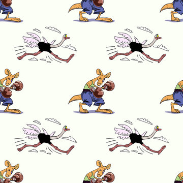 Running ostrich and boxing kangaroo seamless pattern
