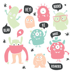 Cute monsters and ghosts colorful doodles