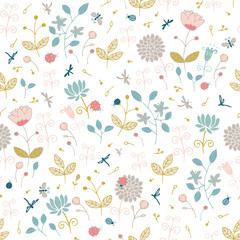 Ladybugs, butterflies, dragonflies on a flower meadow. Seamless pattern with stylized nature.