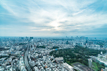 Naklejka na ściany i meble Asia Business concept for real estate and corporate construction - panoramic modern city skyline bird eye aerial view of vivid blue sky in Roppongi Hill, Tokyo, Japan