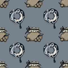 jar of cherry jam and delicious donut seamless pattern