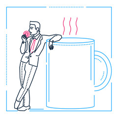 Businessman on a coffee break - line design style illustration