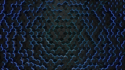 3d render Abstract hexagon with neon geometry background