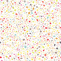 Seamless colorful and bright terrazzo confetti  pattern background on white background. Ideal for textile, stationery, packaging, backdrops and wrapping paper
